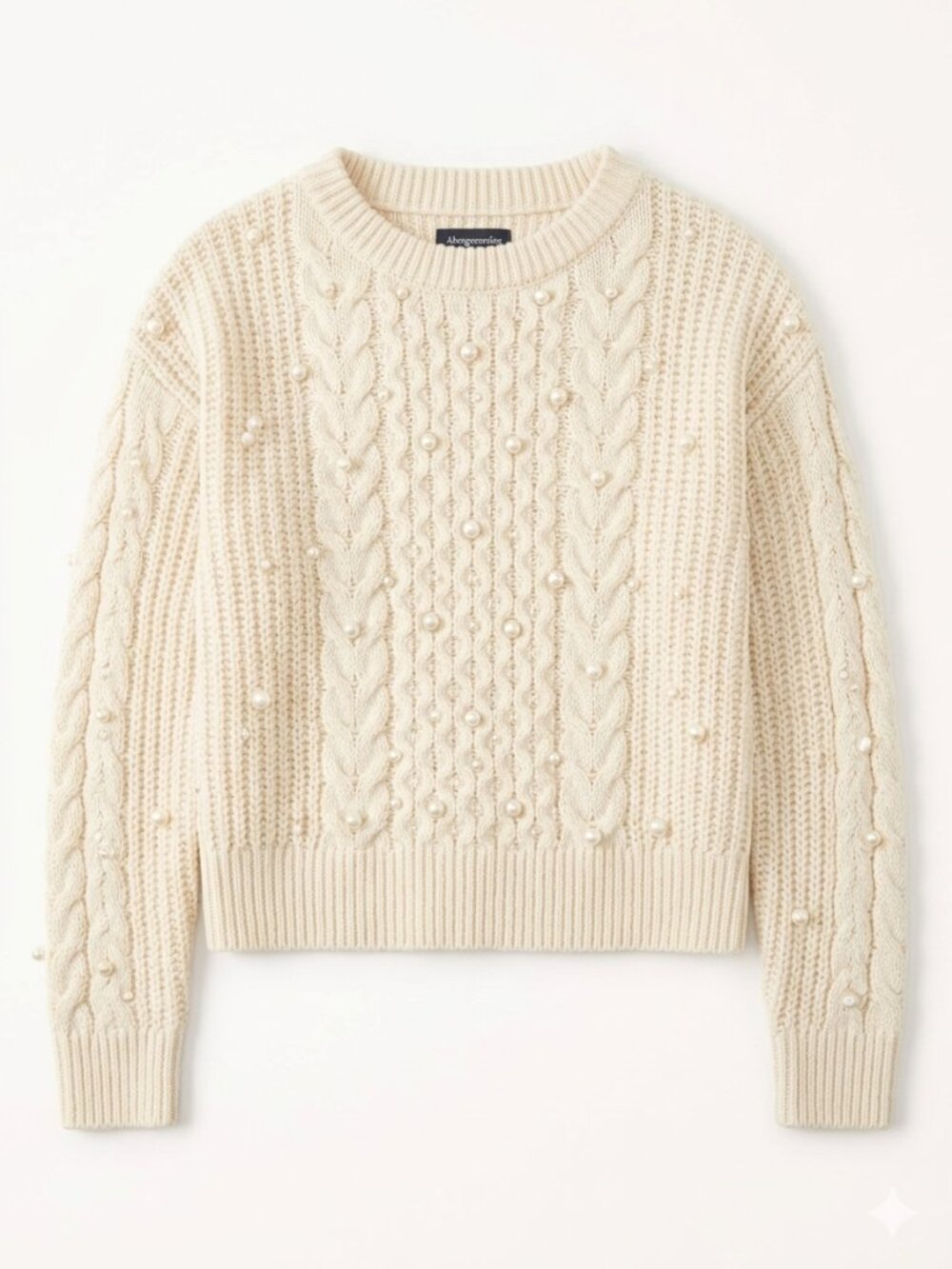 Abercrombie & Fitch Cream Pearl-Embellished Cable-Knit Crewneck Sweater in XS